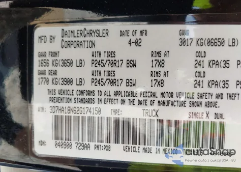 2002 Dodge Ram 1500 St из США, поврежденный, VIN 3D7HA18N62G174150